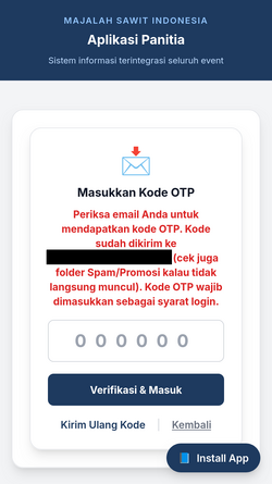 Halaman konfirmasi OTP untuk login sebagai panitia pada tampilan smartphone.