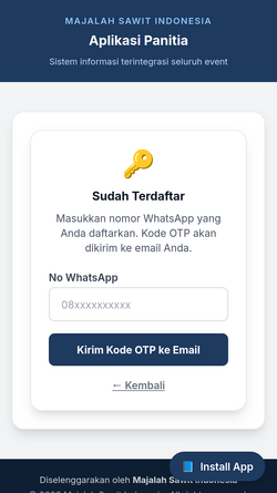 Tampilan formulir nomor WhatsApp untuk login sebagai panitia pada smartphone.